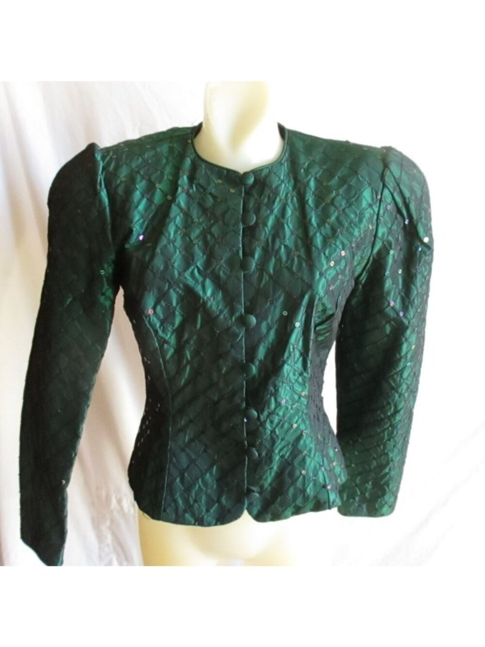 Vintage Scott McClintock Glam 4 XS Quilted Green Sequin Bolero Crop Jacket 90s
